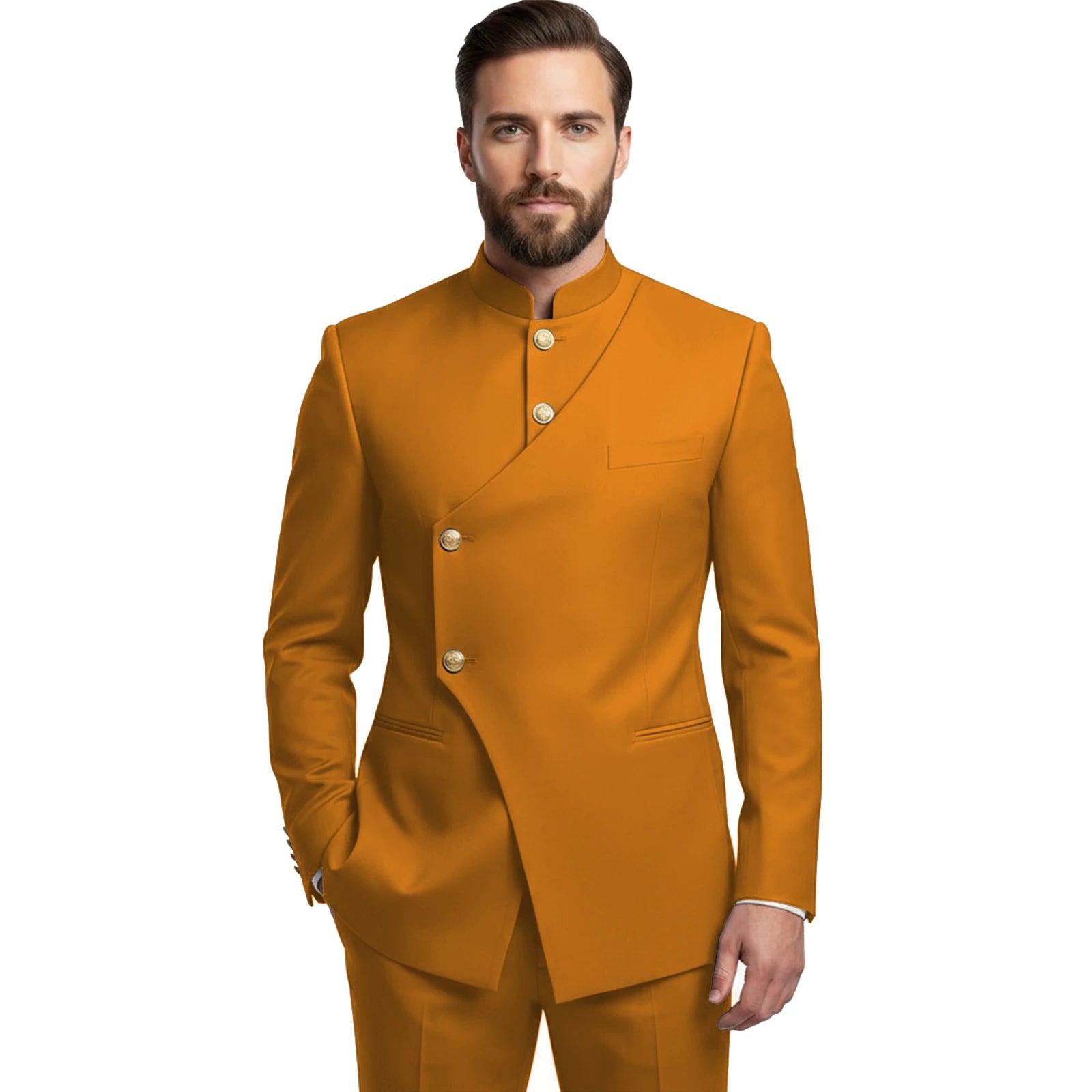 Chinese Suit Men 2 Piece Tunic Suits Slim Fit Safari Suits for Men Mandarin Collar Suit Blazer Pants Set
