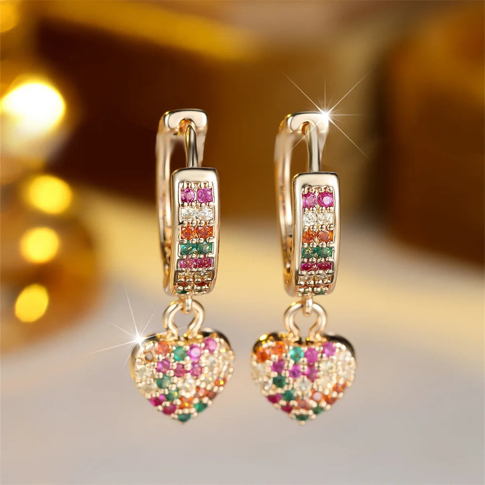 Showlu Rainbow Zircon Heart Hoop Earrings in gold plating with sparkling crystals, stylish and elegant jewelry for women.