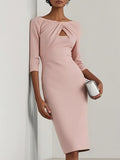 Showlu Women's V-Neck Knee-Length Bodycon Pencil Dress with long sleeves, suitable for office wear, in black fabric.