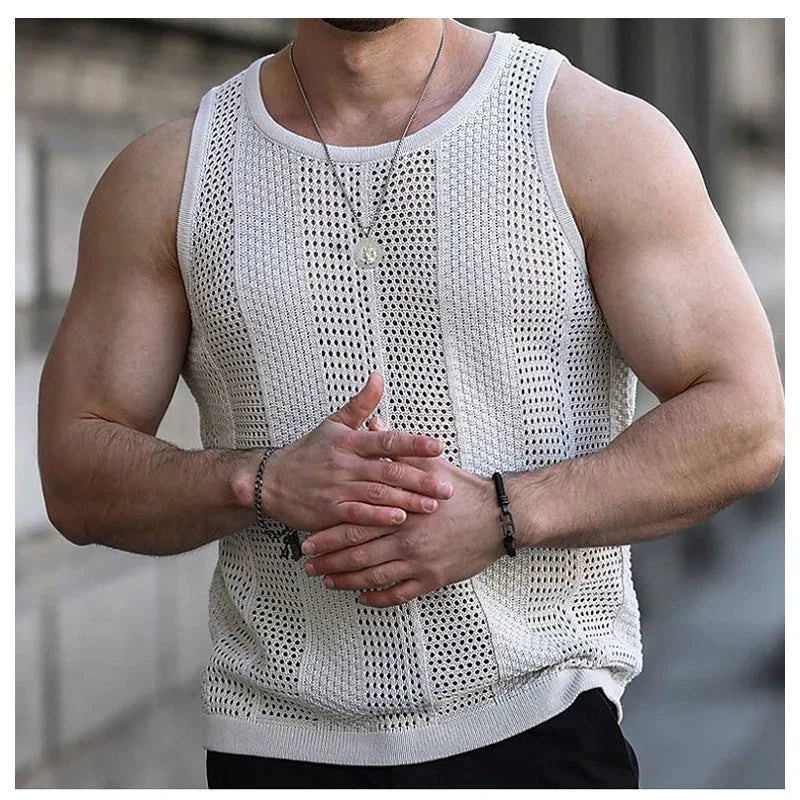 Slim knit men's tank top by SHOWLU FASHION STORE, sleeveless summer vest with hollow design and fitted style.