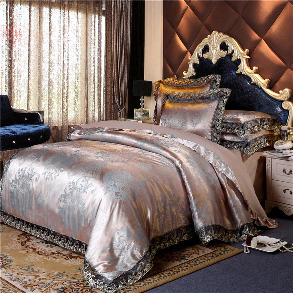 Nordic satin jacquard duvet cover set with floral pattern in white and gray, luxury bedding from SHOWLU FASHION STORE.
