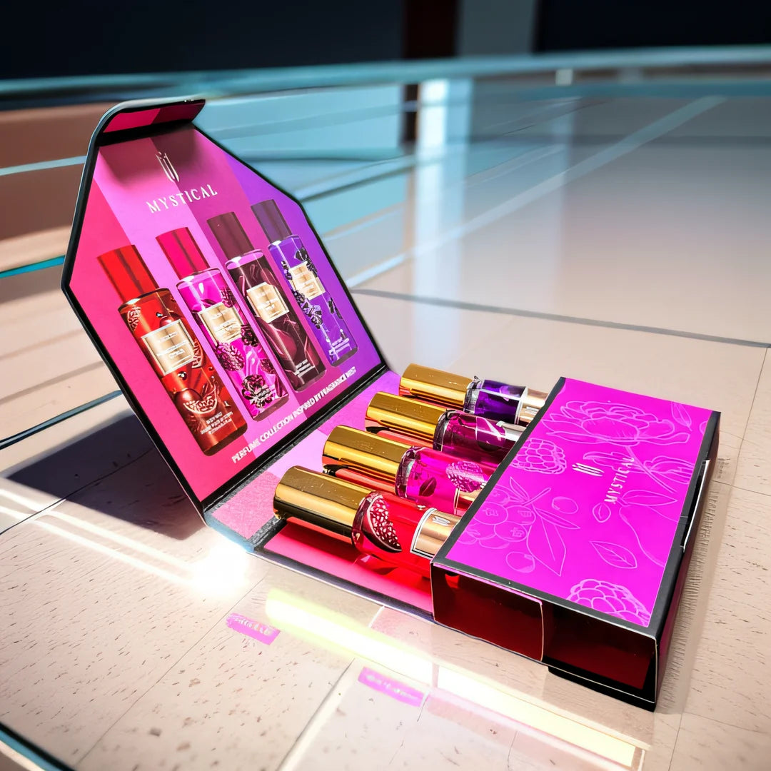 Showlu Fashion Store MYSTICAL Fruity Fragrance perfume gift set with four travel-sized bottles arranged together.