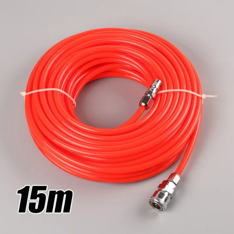 Heavy-duty pneumatic air compressor hose with quick connector, suitable for tools and garden equipment, shown in a close-up image.