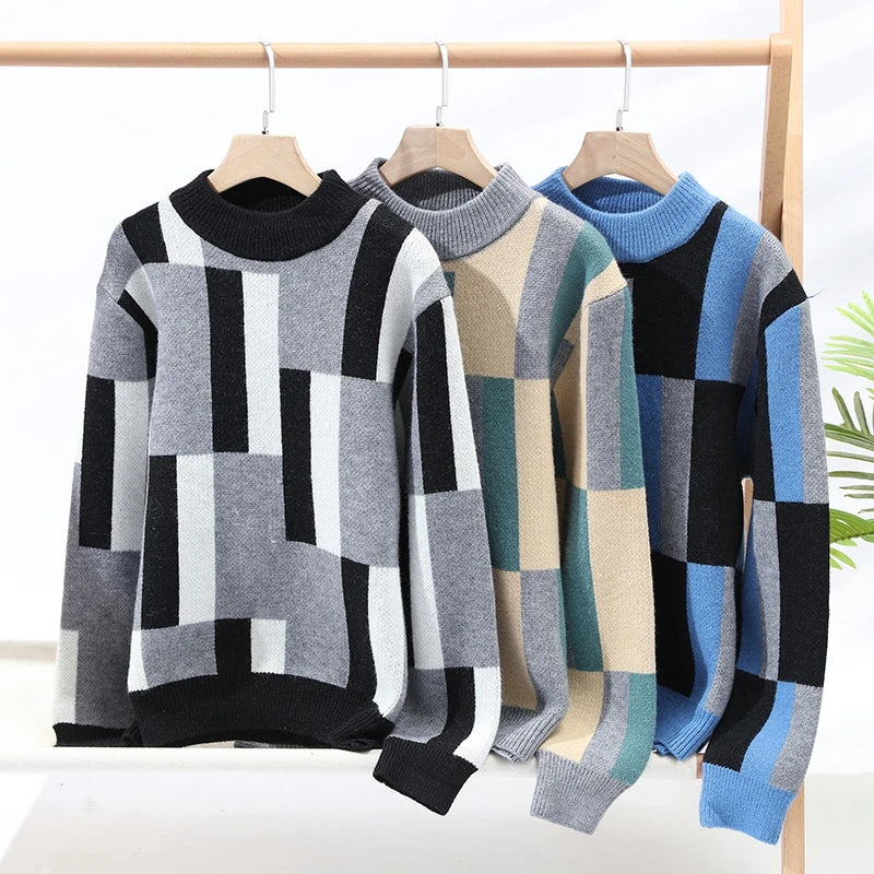Japanese-style men's turtleneck sweater with thick, warm, striped design, ideal for fall and winter fashion.