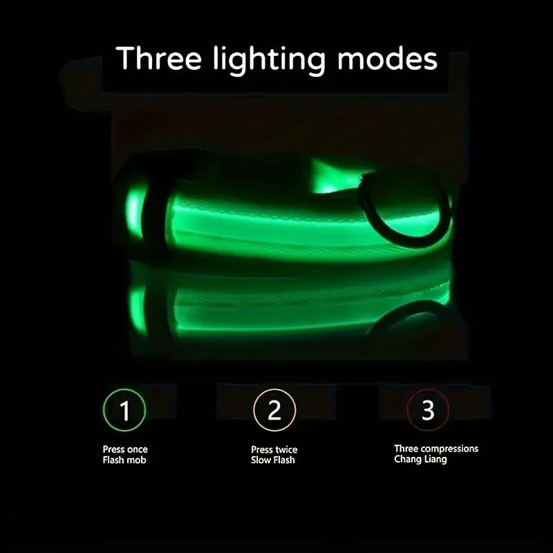 Nylon LED dog collar with glowing, flashing light for nighttime safety and visibility during walks