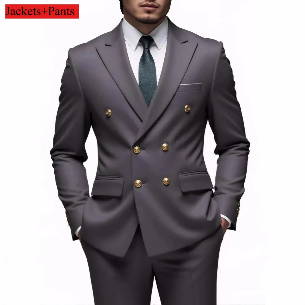 Men's black double-breasted slim-fit suit with gold buttons, high-quality wedding and party costume, styled by Showlu Fashion Store.