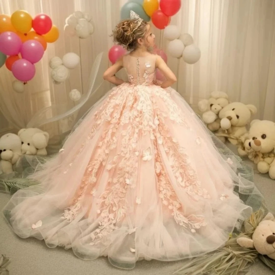 Pink flower girl dress by Showlu Fashion with lace applique, tulle skirt, perfect for first communion or special occasions.
