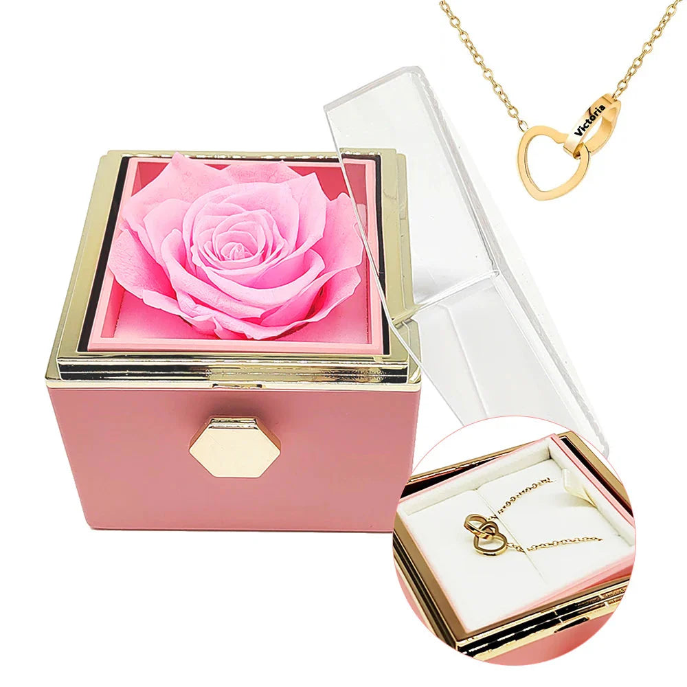 Engraved interlocking heart necklace and eternal rose box by Showlu Fashion Store, showcasing a delicate jewelry set and preserved rose.