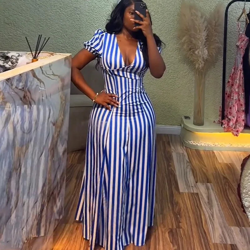 Women’s striped printed V-neck dress by Showlu Fashion Store, short sleeves, slim fit, vintage summer style, perfect for casual vacations.