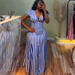 Women Striped Printed V-Neck Dress Short Sleeve Elegant Slim Casual Vacation Streertwear Vintage Long Dress Summer Dresses 2025
