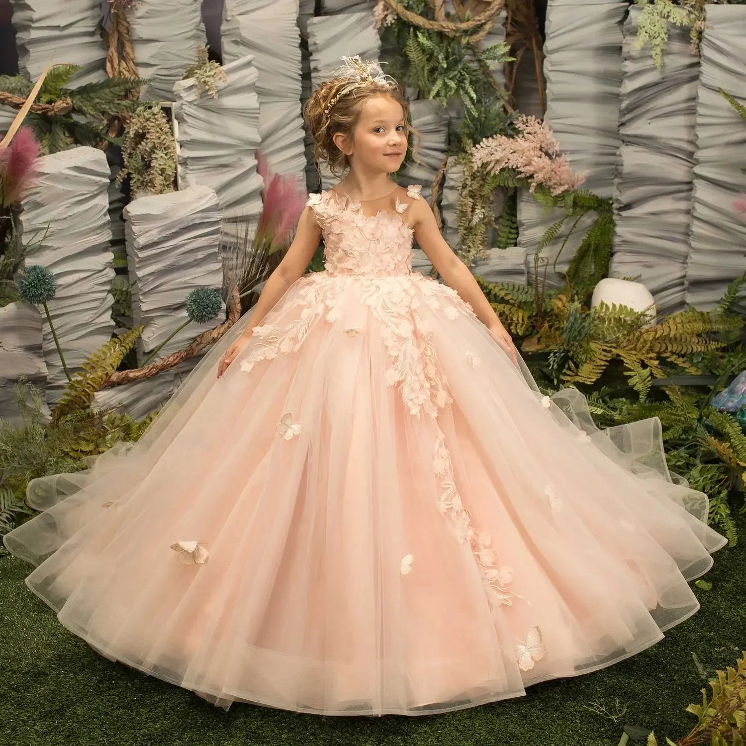 Pink flower girl dress by Showlu Fashion featuring lace appliqué and tulle for first communion or special occasions