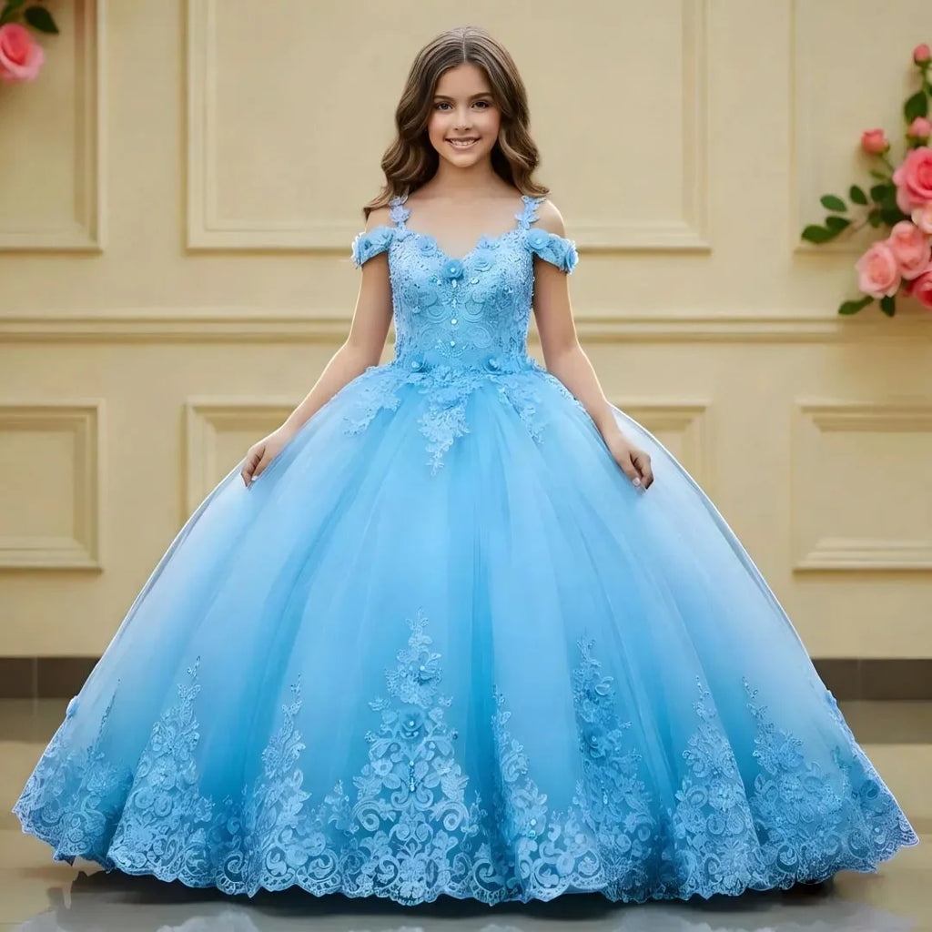 Customized Wedding Birthday Prom Party Red Flower Girl Dress Tulle Floral Appliques With Bow For Evening Banquet Princess Gown