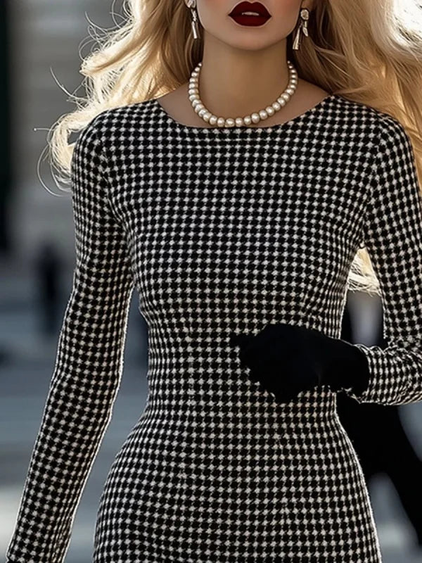 Women's vintage houndstooth midi dress by Showlu Fashion, featuring an elegant A-line plaid design and classic style.