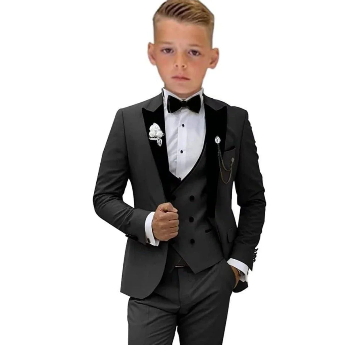 Boys burgundy formal suit set with tuxedo jacket, dress shirt, and matching pants for kids' weddings and special occasions.