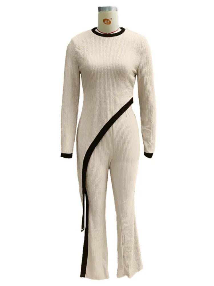 Asymmetric top and pants two-piece set for women, long sleeves, patchwork design, slim fit, casual autumn winter outfit.