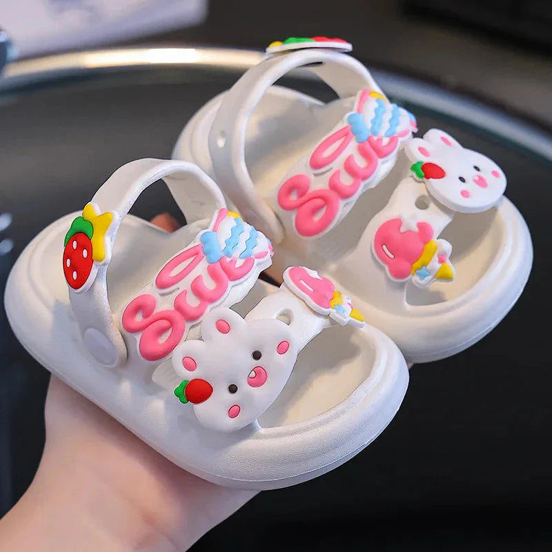 Kids cartoon rabbit sandals by Shijunyi with non-slip soft sole, perfect for beach and summer wear, featuring colorful bunny design.