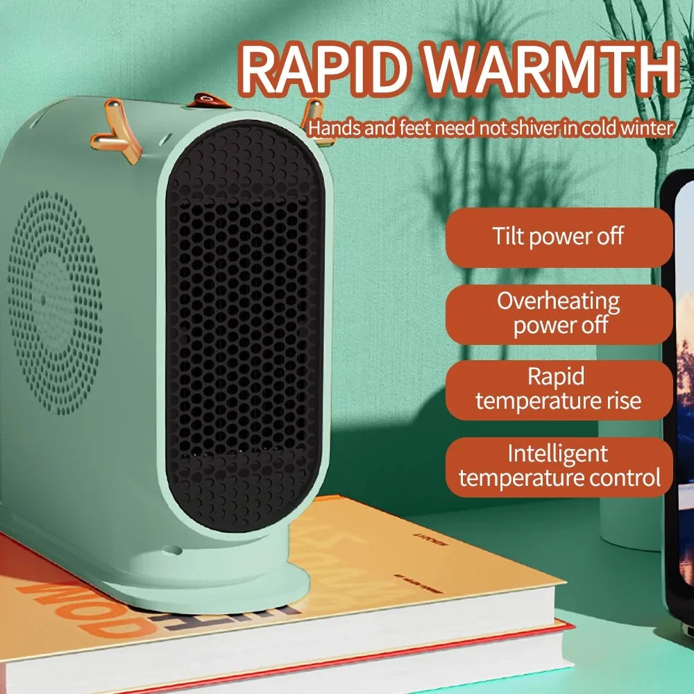 Showlu Smart General portable 500W electric desktop space heater fan on a desk, showcasing compact design and heating function.
