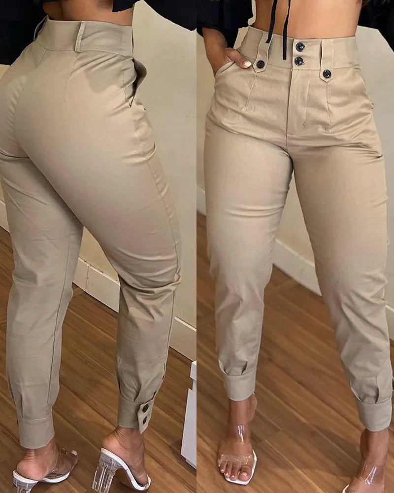 Women's high waisted khaki pencil pants with skinny cargo style, shown in a stylish and fitted design.