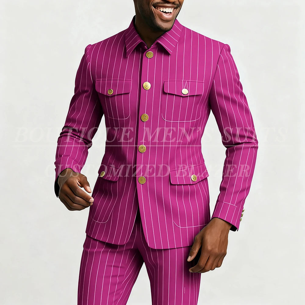 Elegant pinstripe men's suit by Showlu Fashion featuring a single-breasted jacket and slim-fit pants, stylish stand lapel design.