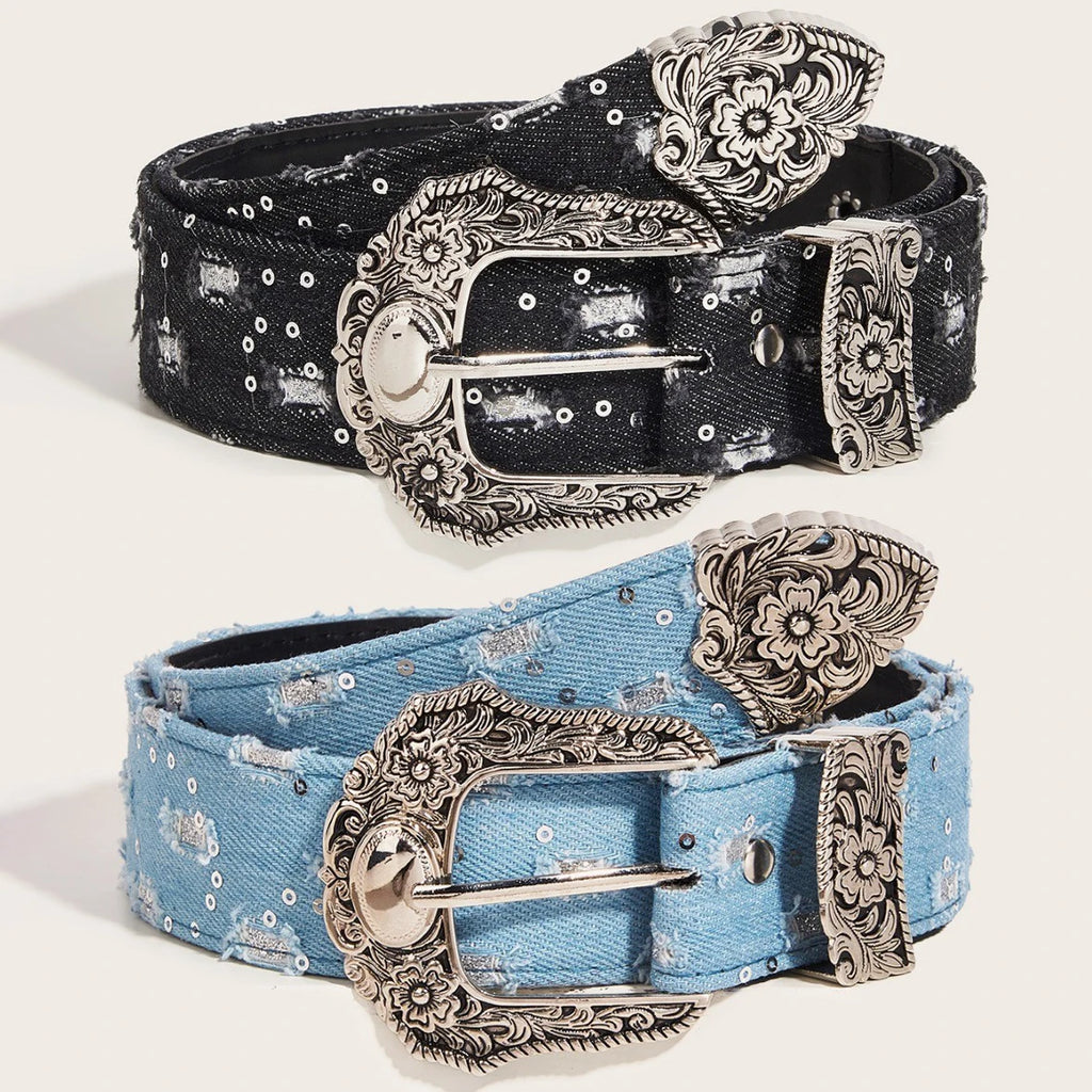 Women's retro casual rhinestone buckle belt with ripped denim style, punk rock fashion accessory for men and women.