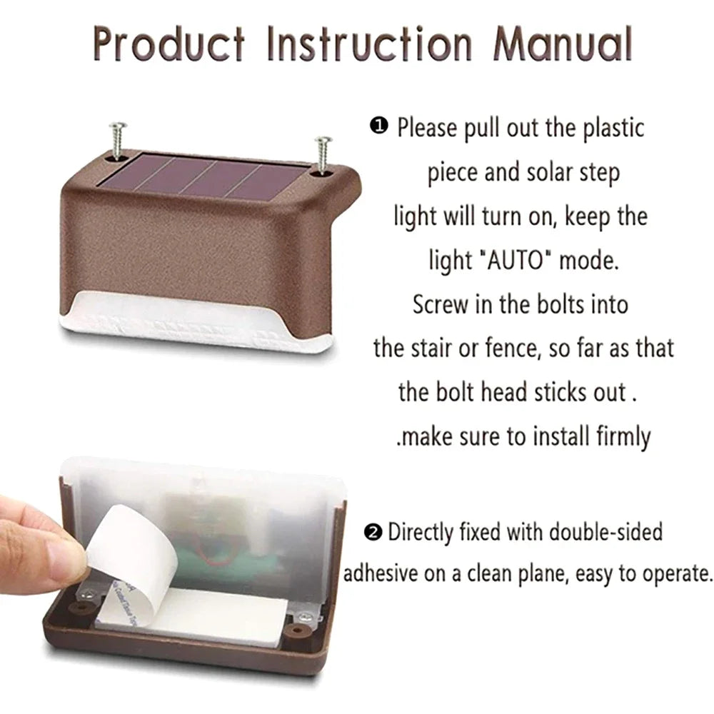 Solar LED stair step light by Showlu Smart General, IP65 waterproof outdoor lighting with auto on/off feature.