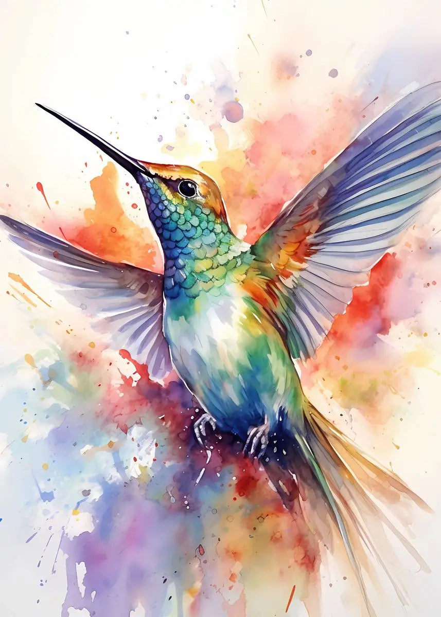 Colorful watercolor hummingbird and flower wall art canvas print, vibrant bird and floral decor for living room.