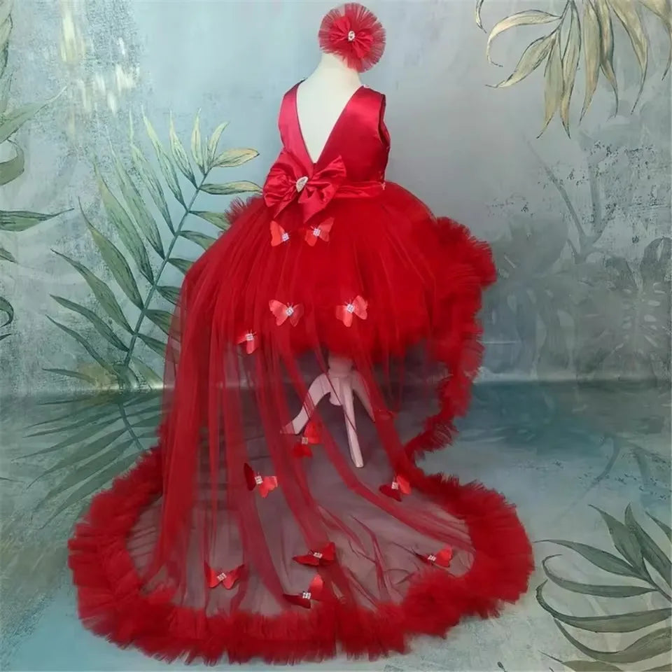 Customized Red Flower Girl Dresses For Wedding Tulle Butterflies With Bow Puffy Cute Toddler Birthday Party Pageant Ball Gown