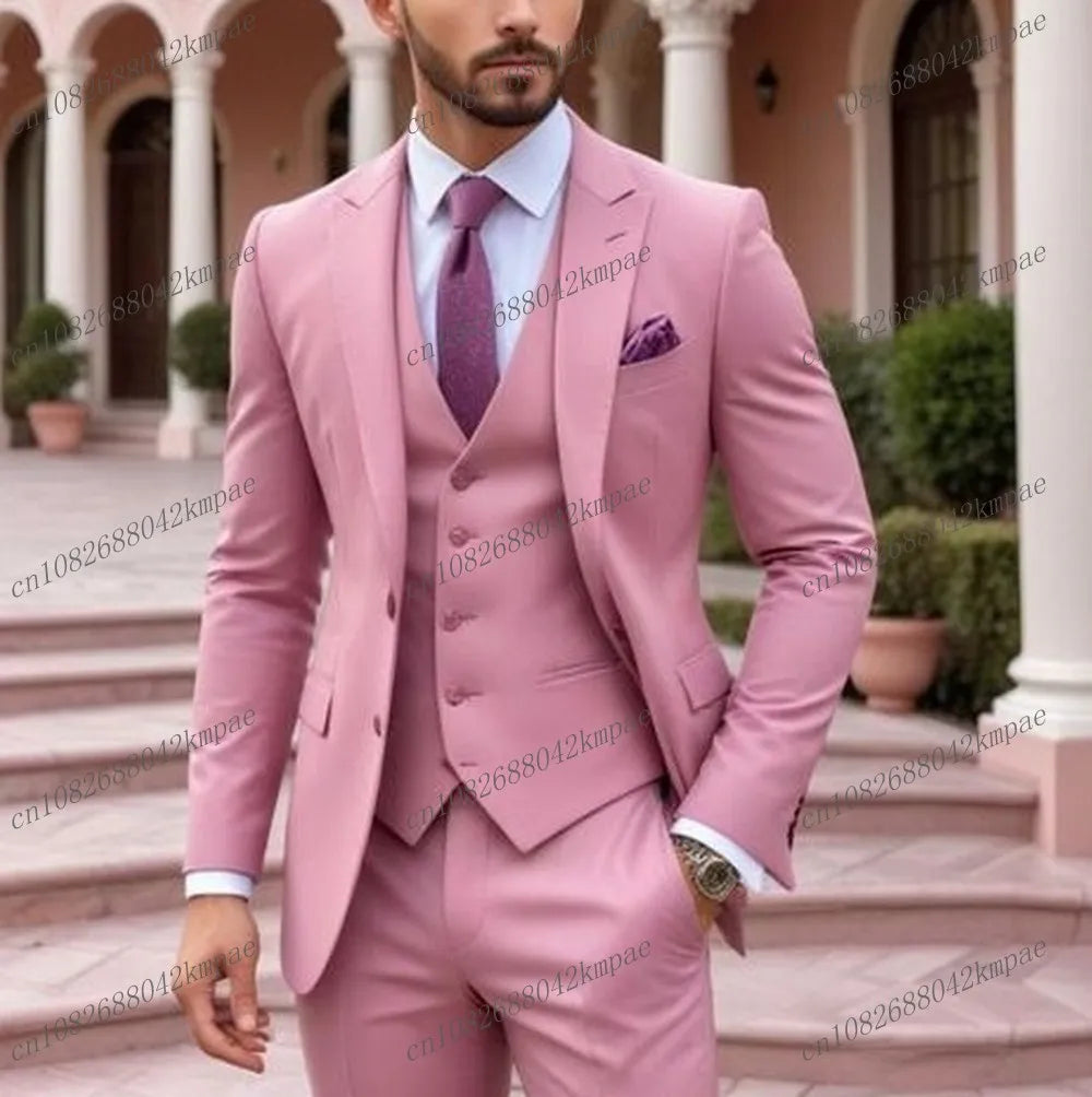 Orange men's formal suit set including blazer, vest, and pants, perfect for weddings, proms, and special occasions.