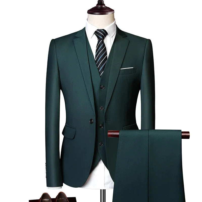 Pink three-piece men's wedding suit by SHOWLU FASHION STORE, slim fit with business casual style, shown on a hanger.