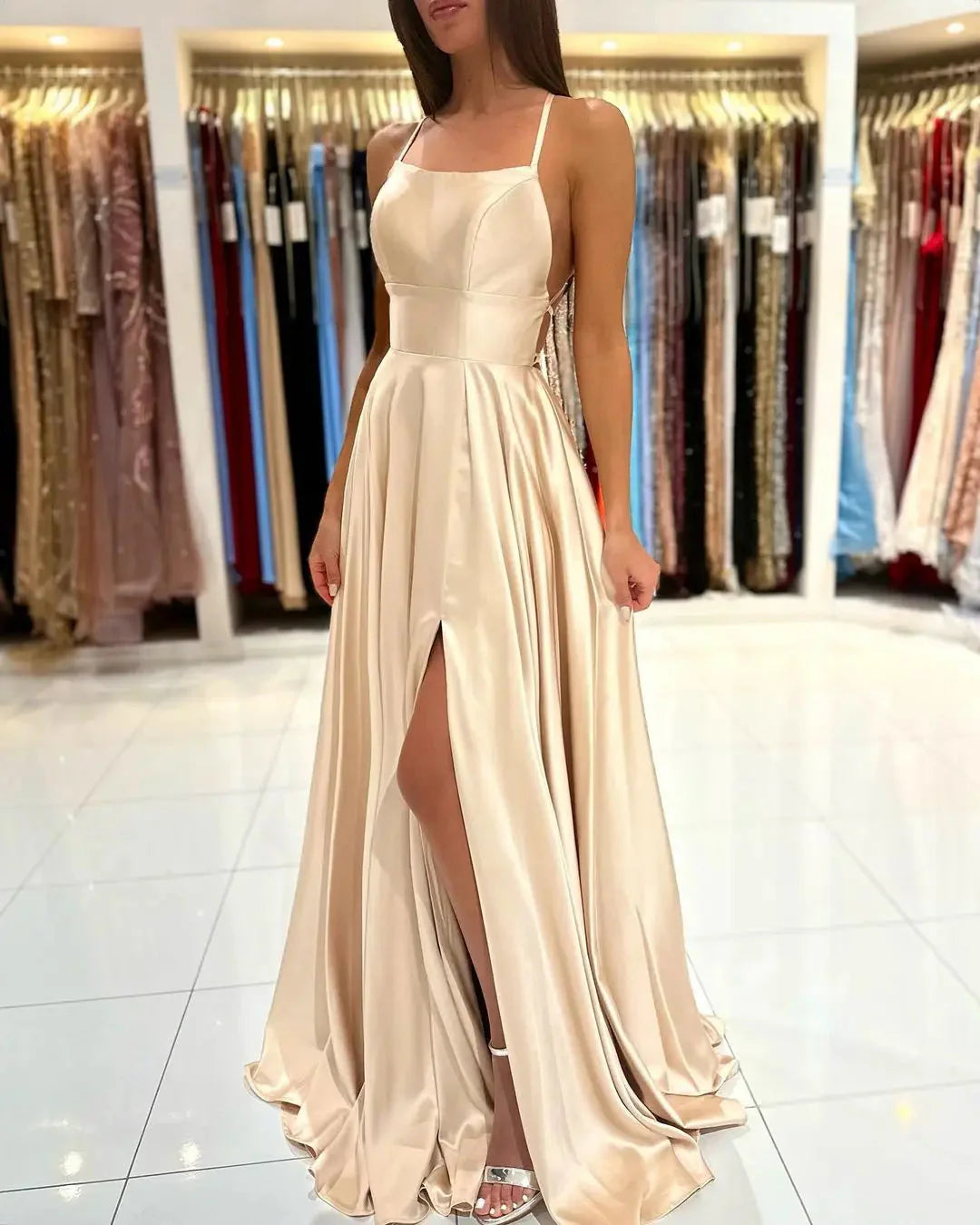 SHOWLU FASHION STORE satin bridesmaid dress with cowl neck, leg slit, and A-line silhouette for elegant wedding attire.
