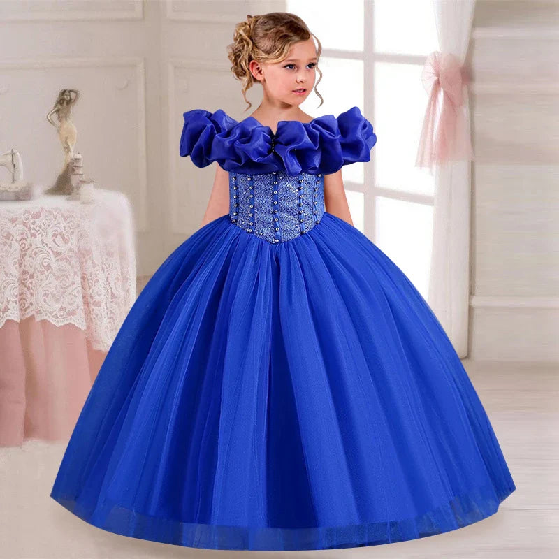 LJW Girls Pearl Sequin Princess Dress with off-shoulder design, perfect for evening ball gowns, featuring sparkling sequins and elegant style.