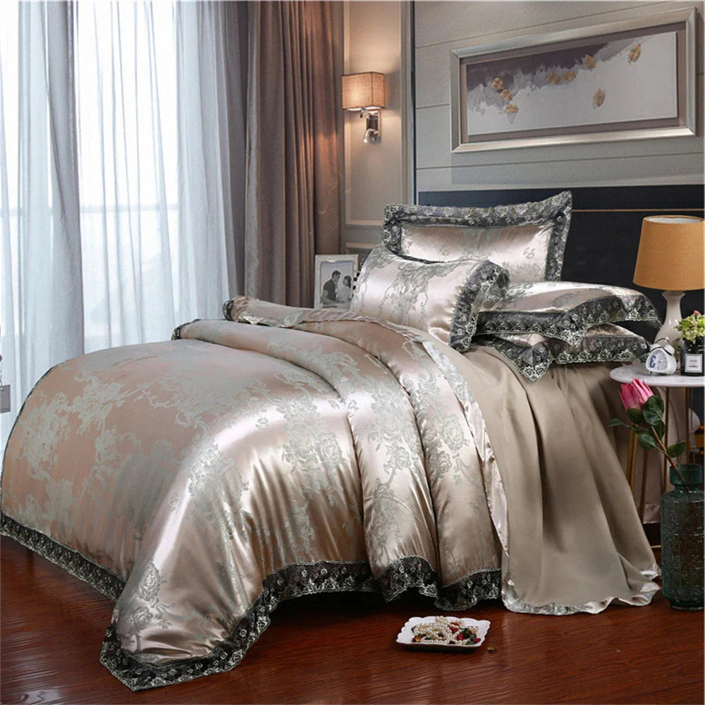 Nordic satin jacquard duvet cover set with floral pattern from SHOWLU FASHION STORE, luxurious flower bedding for bedroom decor.