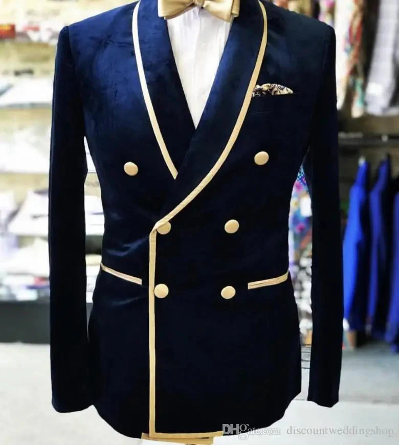 Men's navy blue velvet suit jacket by SHOWLU FASHION STORE, slim fit double-breasted blazer with notch lapels and tailored design.