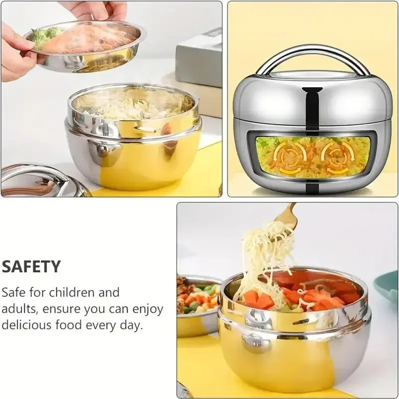 Stainless steel hot food flask with double-layer vacuum insulation, portable bento lunch box, ideal for travel and keeping food warm.