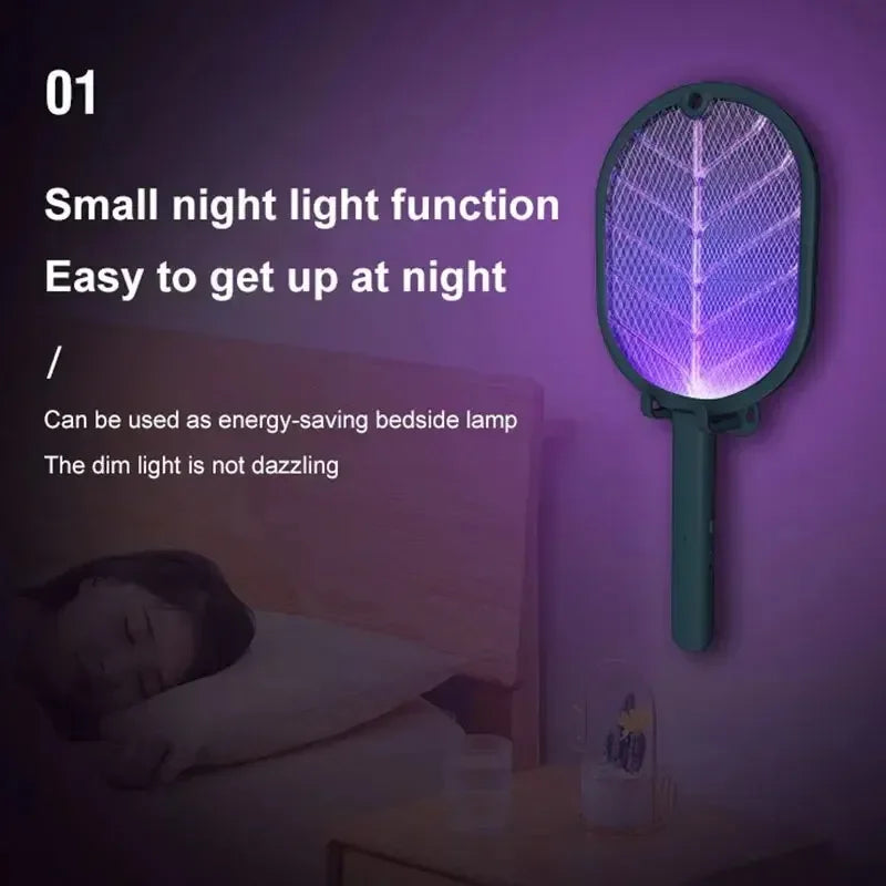 Showlu Smart General USB rechargeable electric mosquito swatter racket with a mesh head and handle, ready for pest control.