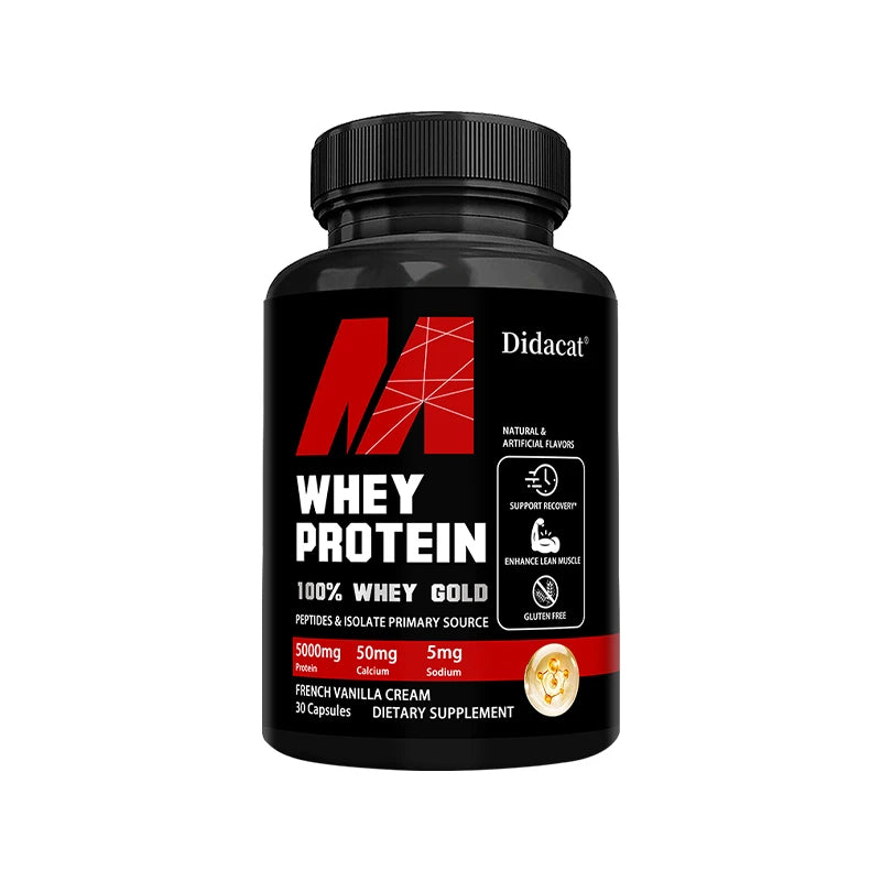 Showlu Fashion Store whey protein capsules with 5000mg protein, gluten-free, non-GMO, supporting muscle recovery and health.