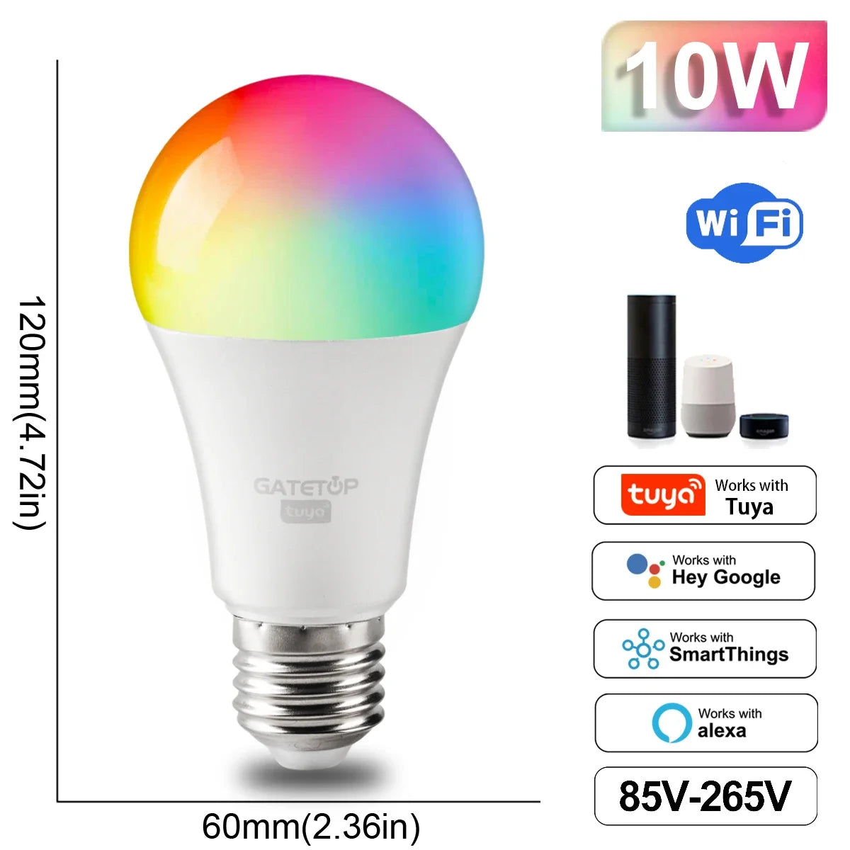 Smart WiFi adjustable color LED spotlight bulb by Showlu Smart General, showing the bulb with colorful lighting effects.