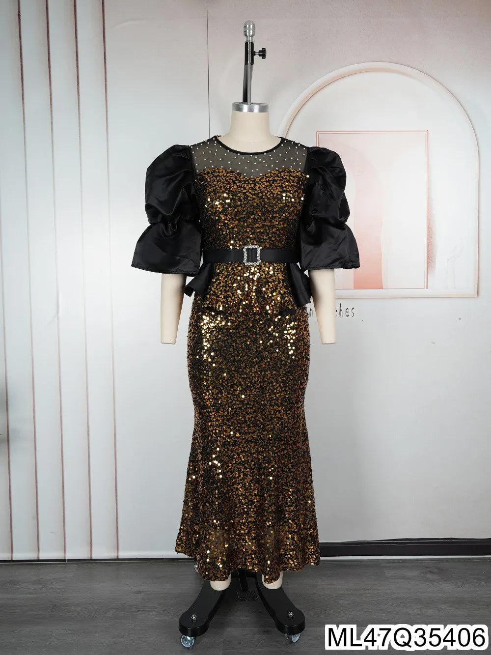 Plus size high-waisted fishtail evening dress with heavy sequined embellishments, perfect for formal parties and events.