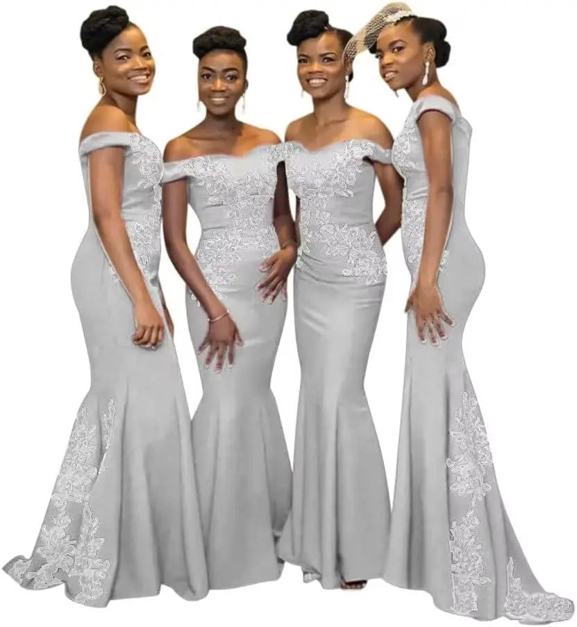 Burgundy off-the-shoulder mermaid satin bridesmaid dress by JC&STAR, featuring a fitted silhouette and elegant design.