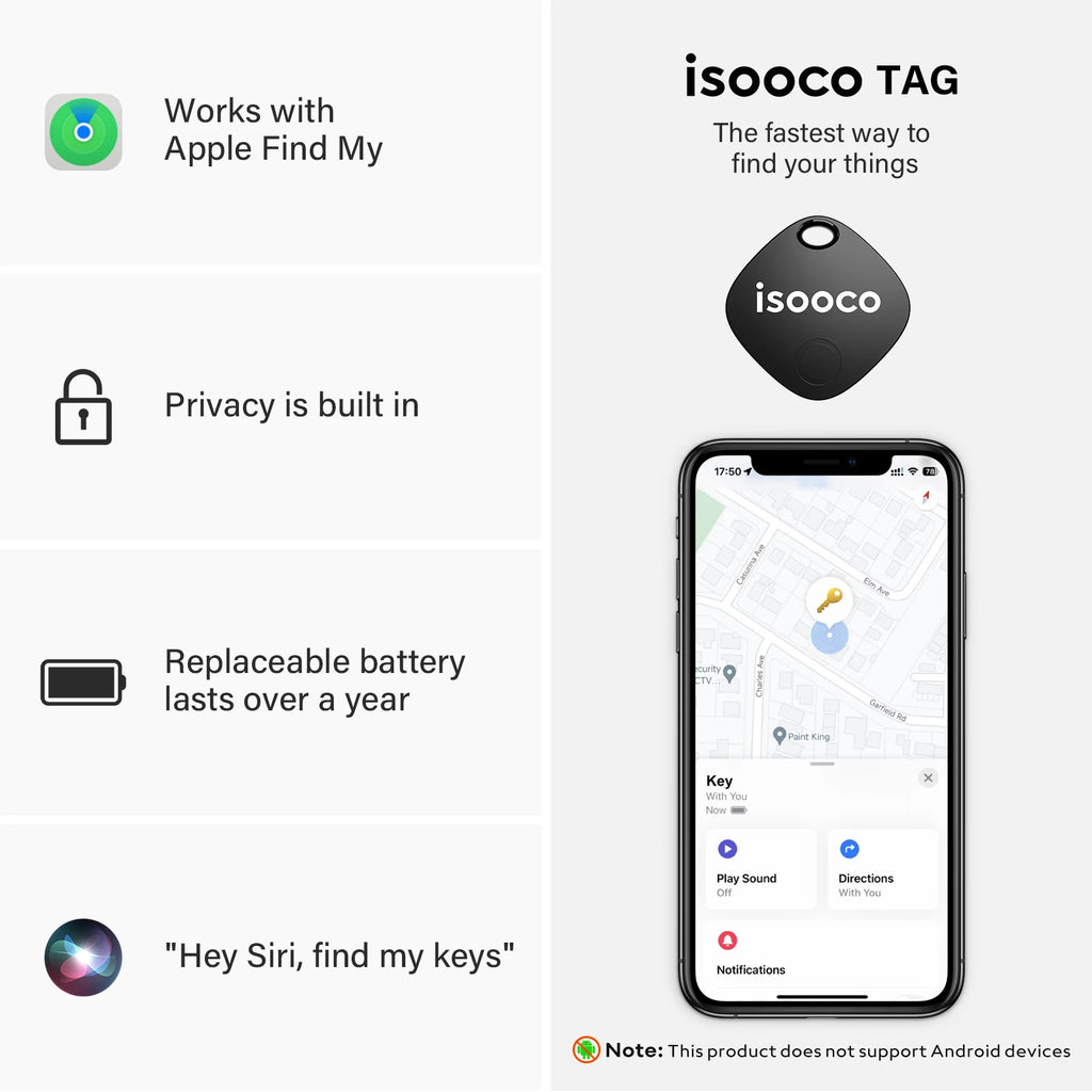 isooco Smart Key Finder by Showlu Smart, waterproof Bluetooth tracker for iOS, shown attached to keyring in a close-up shot