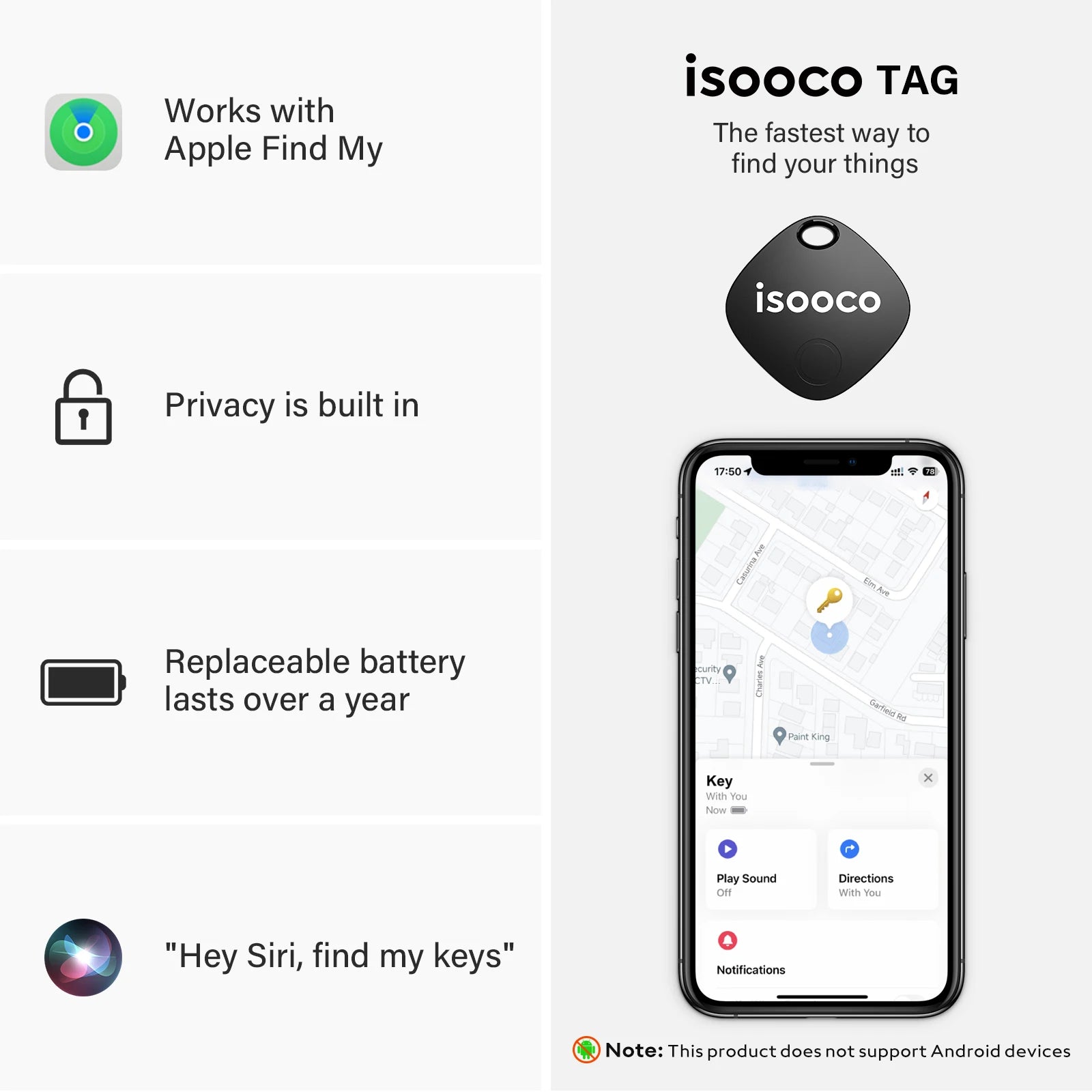 isooco Smart Key Finder by Showlu Smart, waterproof Bluetooth tracker for iOS, shown attached to keyring in a close-up shot