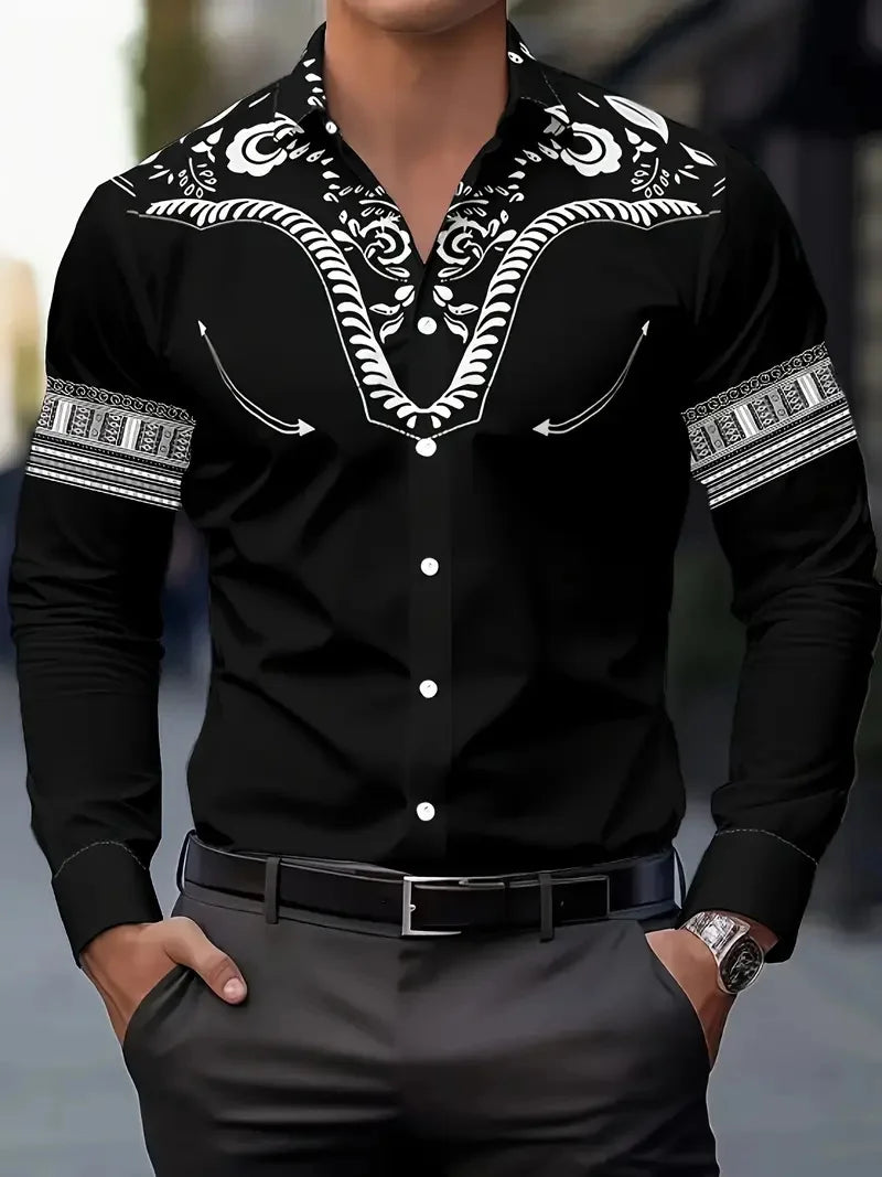 Men's leopard print button-up shirt with long sleeves, baroque chain design, casual and party wear by Showlu Fashion Store.