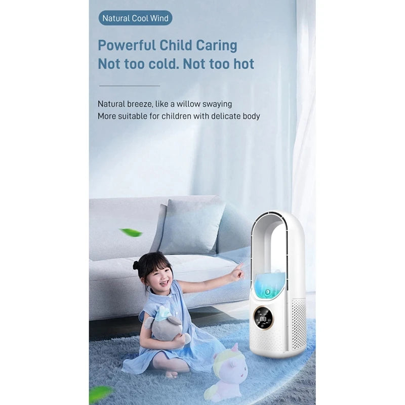 Showlu Smart General Donirt USB bladeless air cooler fan on a desk, compact and modern design with adjustable settings.