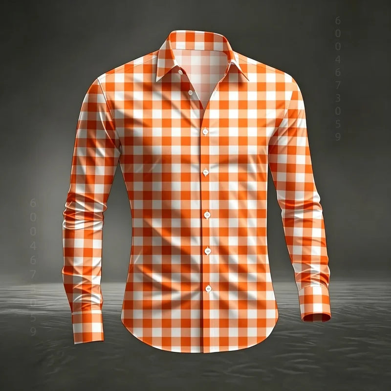 2026 Men's New Classic Plaid Shirt with Plaid Printing, Slim Fit Collar Long Sleeve Shirt, Men's Top, Comfortable Fabric XS-6XL