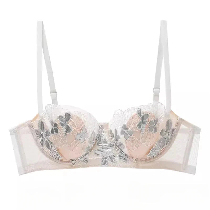 Sexy embroidery bra and matching thong set from SHOWLU FASHION, featuring ultra-thin soft underwire lingerie design.