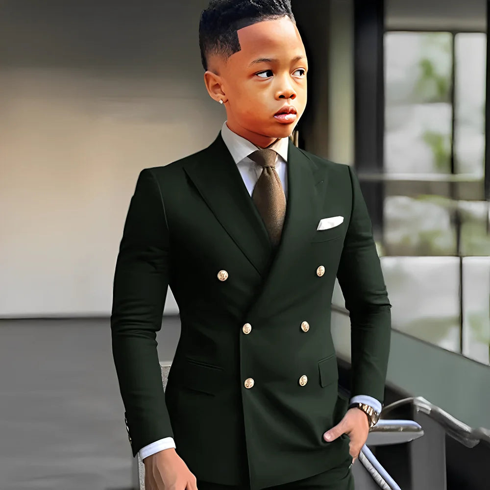 Navy blue solid boy's tuxedo with peak lapel, double-breasted design, suitable for formal weddings and business events.