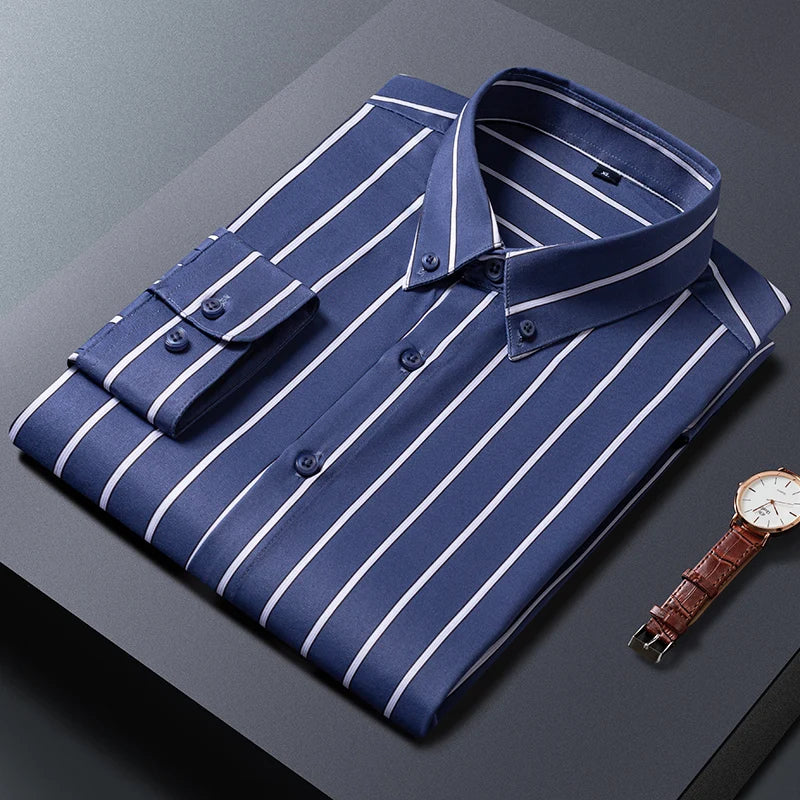 2024 Summer M-5XLMen's Shirt Long Sleeve Slim Fit Stripe Business Gentlemen's Inner Layer Shirt Non Iron Wrinkle Resistant Shirt