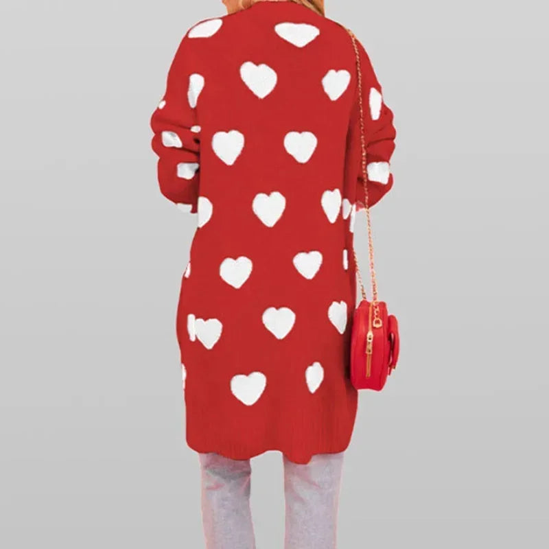 2025 Women Heart Maxi Sweater Cardigan Kintted Jacket Long Spring Valentine's Day Loose Crochet Winter Warm Jumper Coat Sweaters