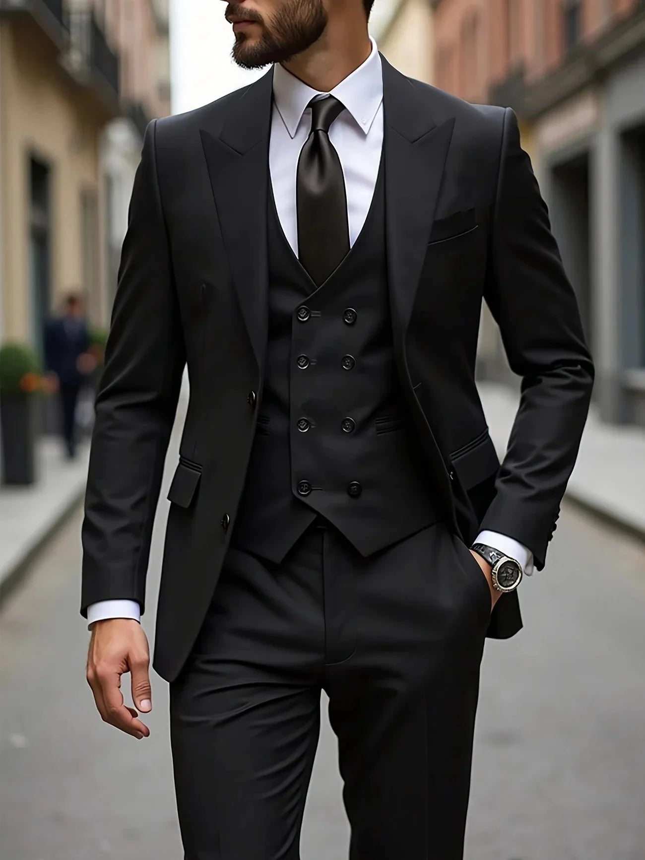 Elegant men's classic wedding tuxedo, slim fit groomsmen suit with jacket, vest, and pants for formal occasions.
