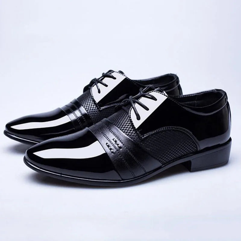 Men's pointed toe leather dress shoes by Showlu Fashion Store featuring classic lace-up style and sleek formal design.